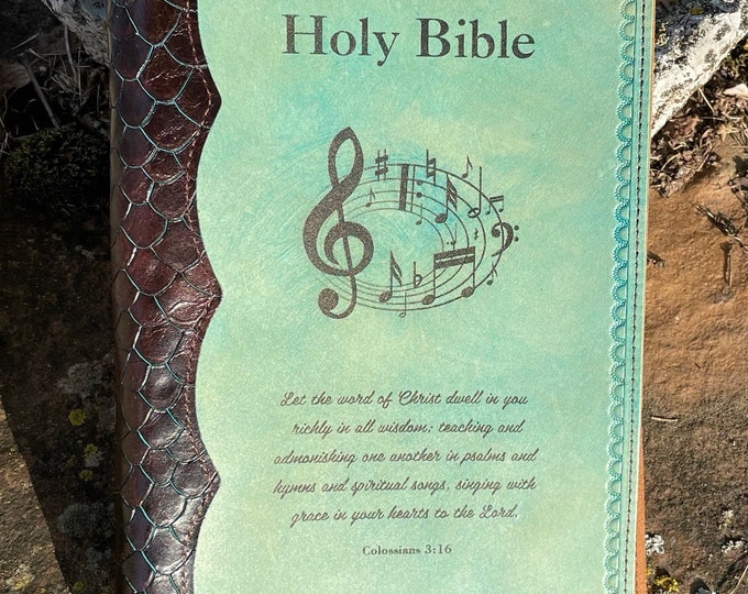 Handcrafted Laser Engraved Musical Notes All Leather Bible Cover with Matching Inside Pockets and Colossians 3:16