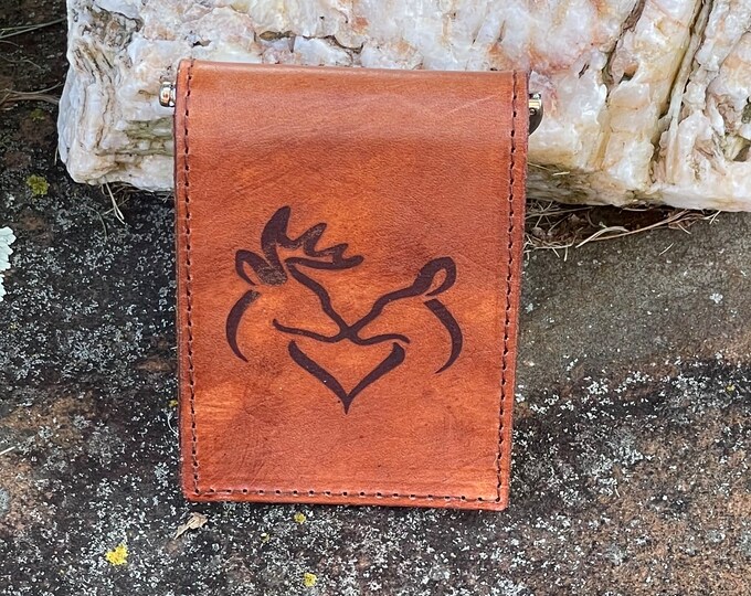 Handcrafted Laser Engraved Buck and Doe All Leather Money Clip Wallet