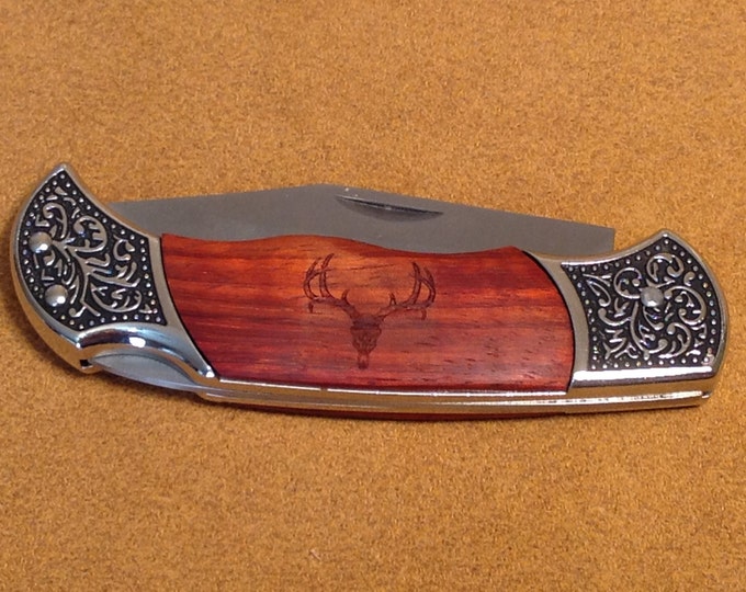 Laser Engraved Deer Skull Rosewood Pocket Knife