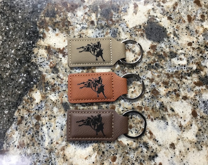 Laser Engraved Bull Rider Leather Keychain