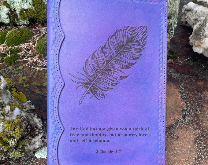 Handcrafted Laser Engraved Feather and 2 Timothy 1:7 Hand Tooled All Leather Bible Cover with Purple Stain