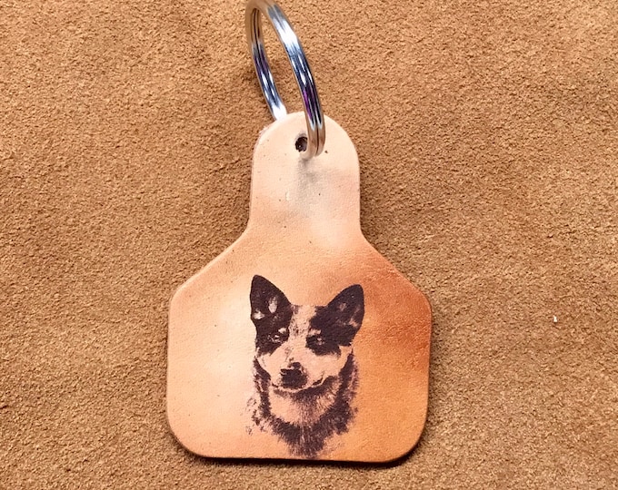 Handcrafted Laser Engraved Blue Heeler Leather Ear Tag Keychain