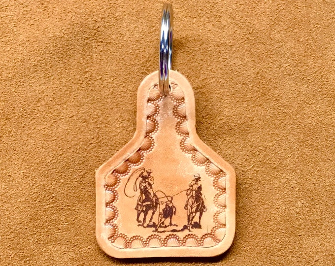 Handcrafted Laser Engraved Team Roper Leather Ear Tag Keychain