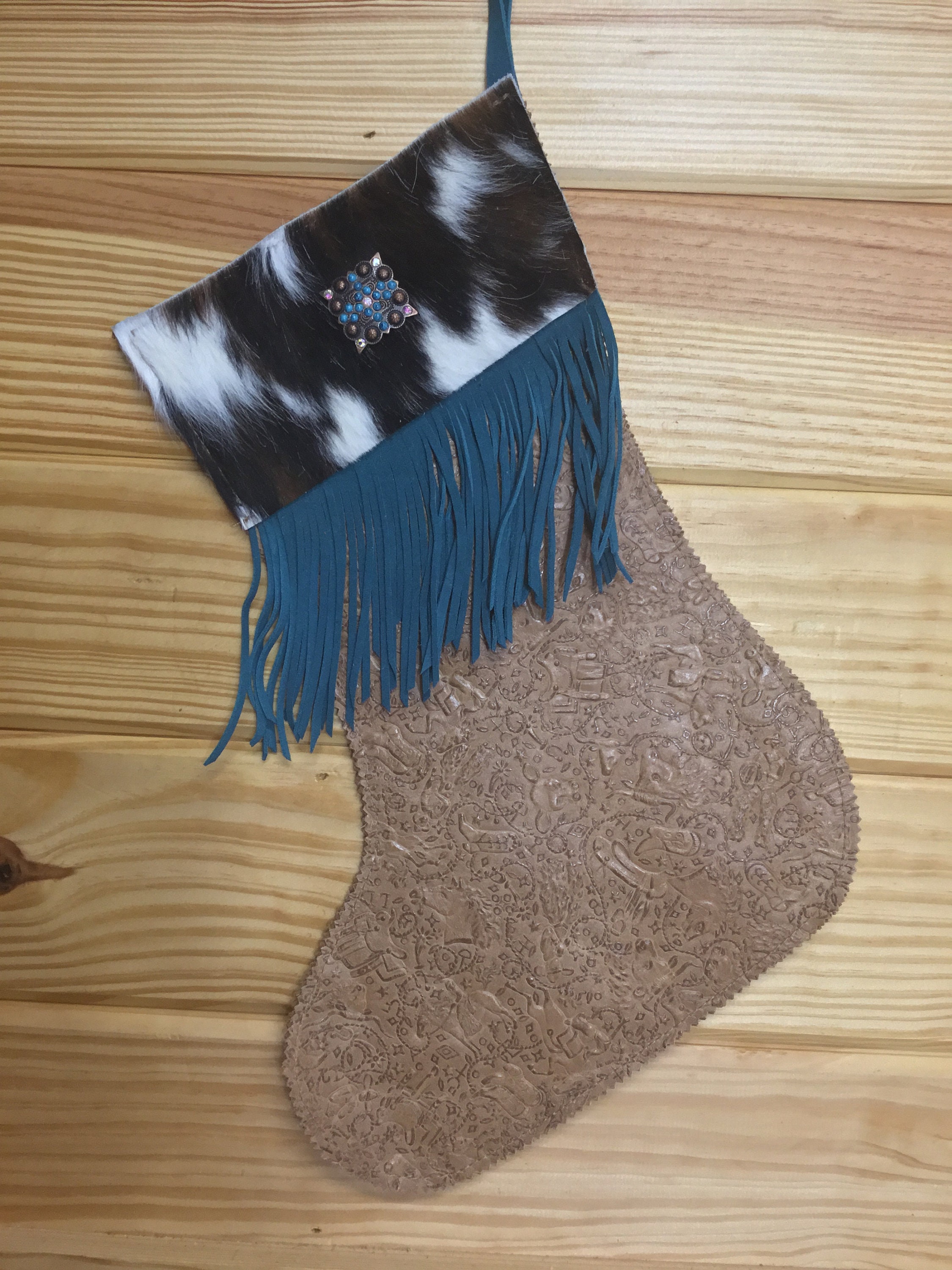 Handcrafted Cowboy Embossed Leather And Cowhide Christmas Stocking