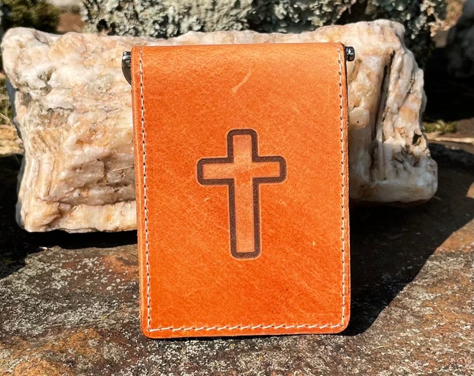 Handcrafted Laser Engraved Cross All Leather Money Clip Wallet Credit Card Holder