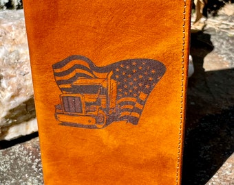 Handcrafted Laser Engraved Semi and Flag All Leather Wallet/Checkbook Cover