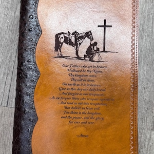 Handcrafted Laser Engraved Praying Cowboy All Leather Bible Cover With Ostrich Bind