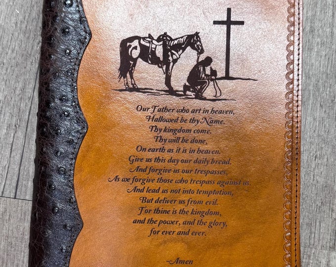 Handcrafted Laser Engraved Praying Cowboy All Leather Bible Cover With Ostrich Bind