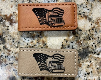 Laser Engraved Flying Flag and Big Rig Semi Magnetic Money Clip