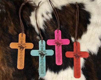 Laser Engraved Horse and Rider Safety Prayer Leather Cross