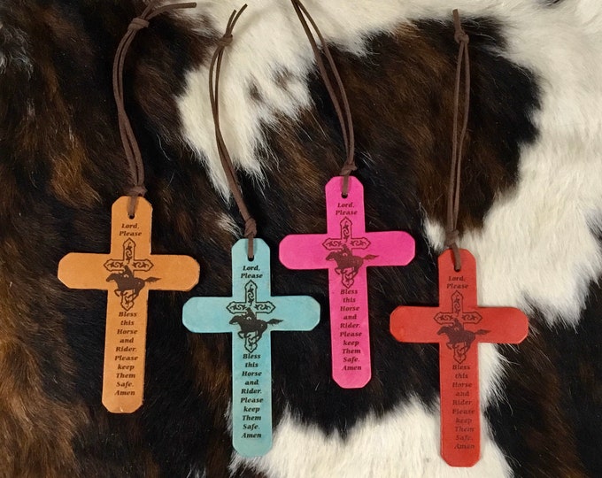 Laser Engraved Horse and Rider Safety Prayer Leather Cross