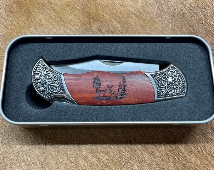 Laser Engraved Rosewood Pocket Knife