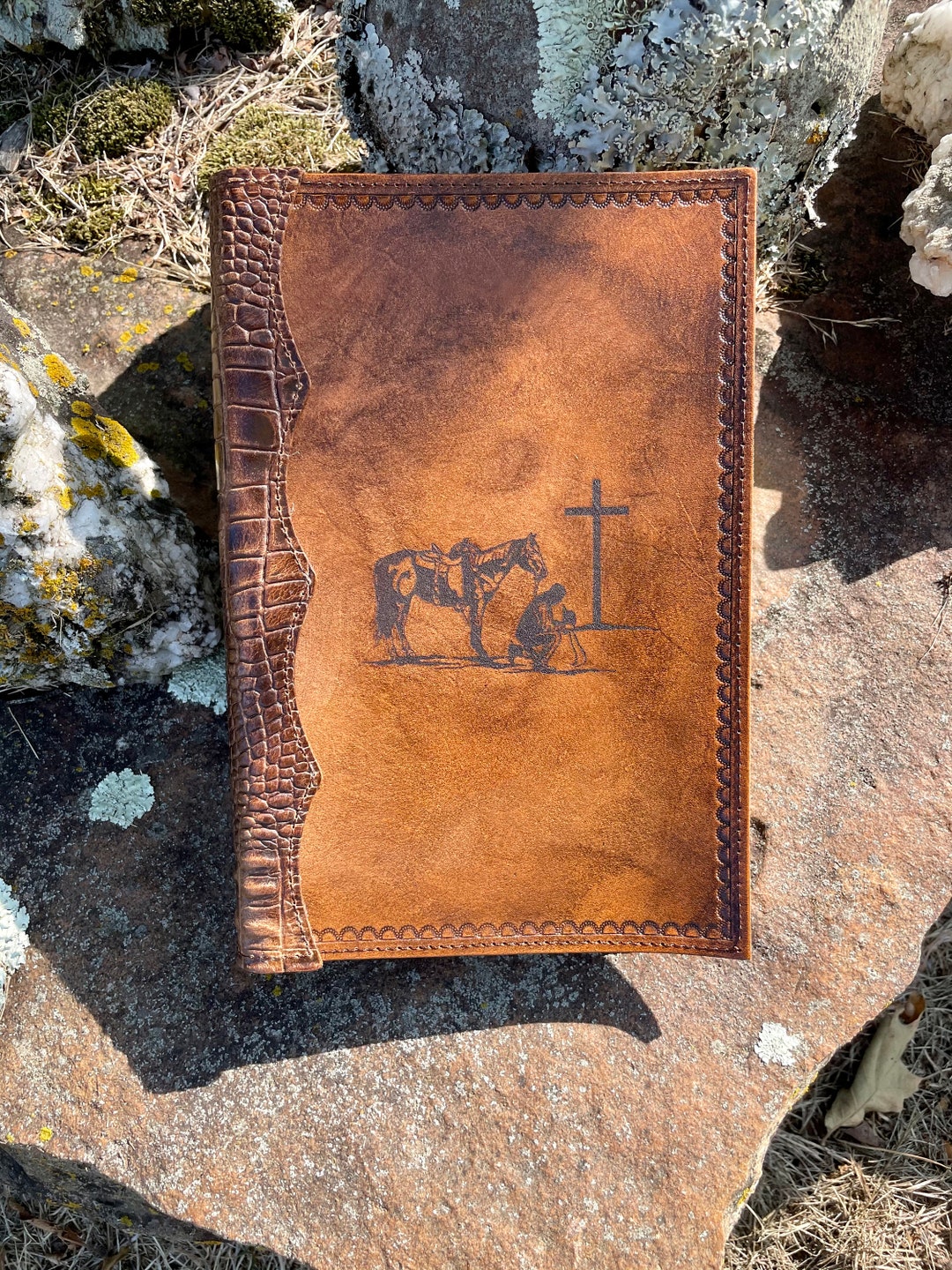 Handcrafted Laser Engraved Praying Cowboy All Leather Bible Cover