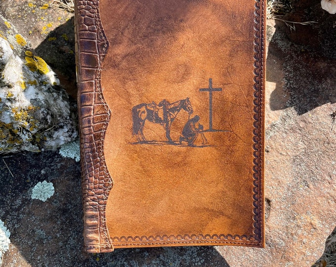 Handcrafted Laser Engraved Praying Cowboy All Leather Bible Cover With Alligator Embossed Bind