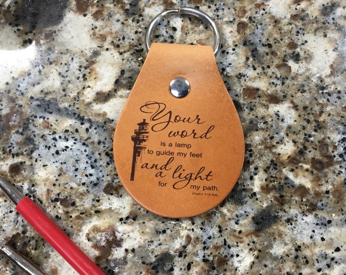 Laser Engraved Psalm 119:105 Leather Keychain