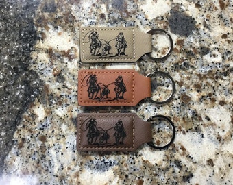 Laser Engraved Team Roper Leather Keychain