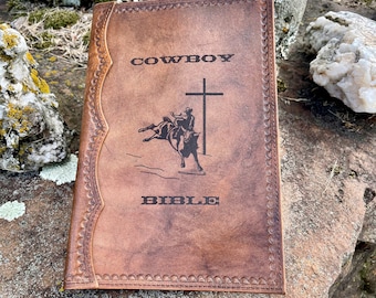 Handcrafted Laser Engraved Bull Rider and Cross All Leather Bible Cover