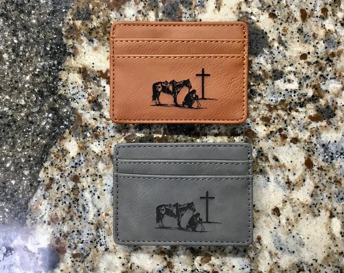 Minimalist Wallet with Clip and Laser Engraved Praying Cowboy Design