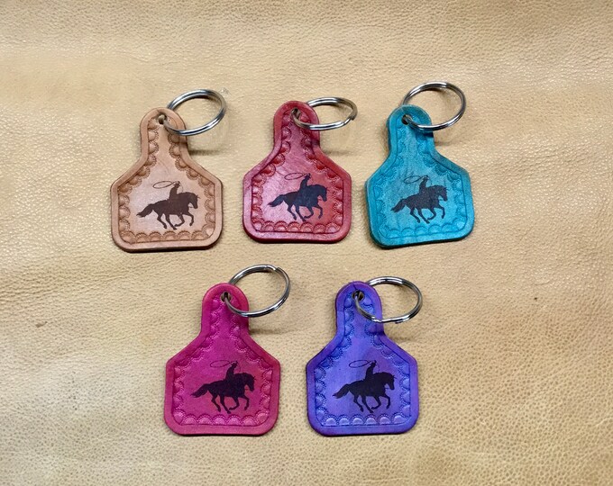 Handcrafted Laser Engraved Roper Ear Tag Keychain with Hand Tooled Edges