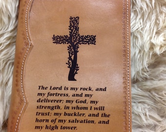 Handcrafted Full Leather Bible Cover Laser Engraved with Psalms 18:2