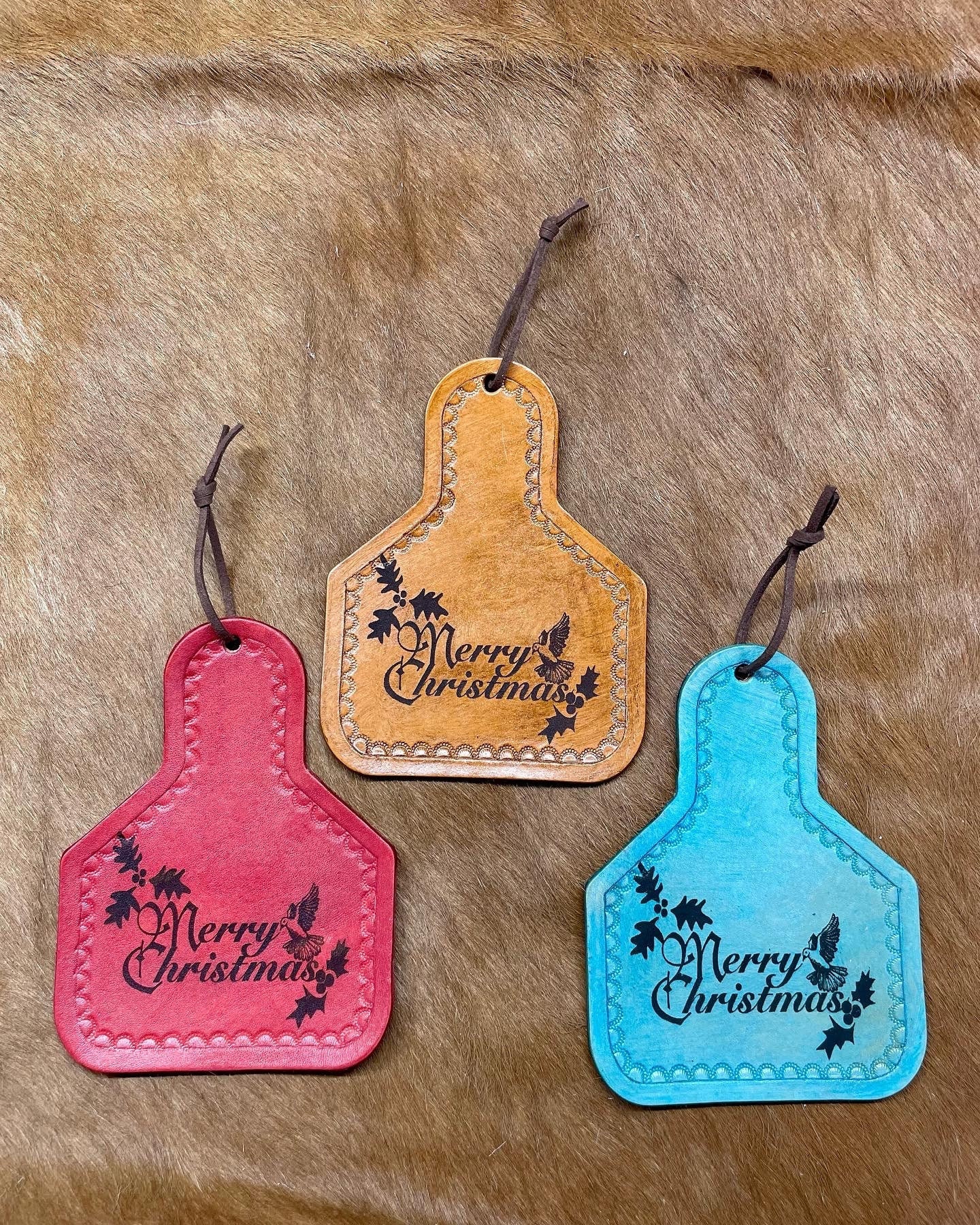 Handcrafted Laser Engraved Top Grain Leather Ear Tag Christmas