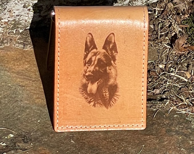 Handcrafted Laser Engraved German Shepherd All Leather Money Clip Wallet Credit Card Holder