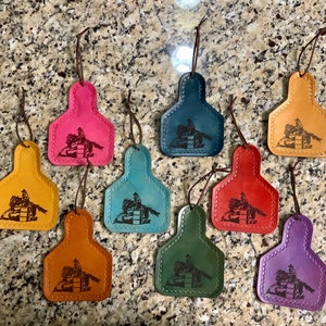 Handcrafted Laser Engraved Barrel Racer Ear Tag Ornament/Mirror Hanger/Door Hanger/Saddle Hanger/ Christmas Ornament