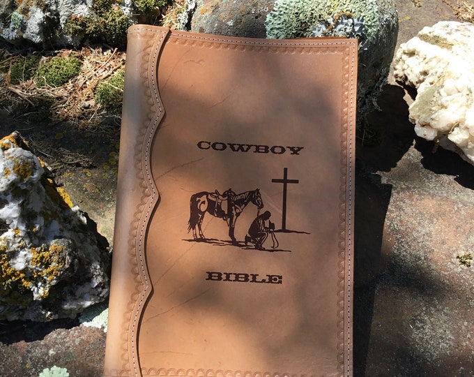 Handcrafted Laser Engraved Praying Cowboy All Leather Bible Cover in Light Oil
