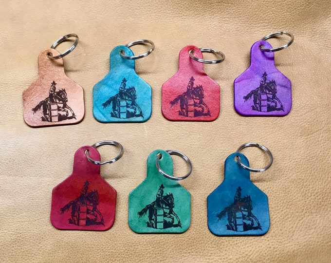 Handcrafted Laser Engraved Barrel Racer Leather Ear Tag Keychain