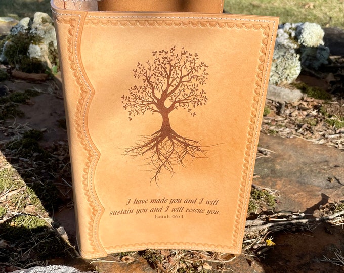 Handcrafted Full Leather Bible Cover Laser Engraved with Isaiah 46:4