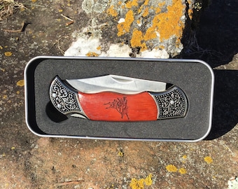 Laser Engraved Bull Rider Rosewood Pocket Knife