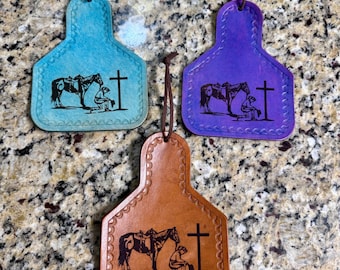 Handcrafted Laser Engraved Praying Cowgirl Ear Tag Ornament/Mirror Hanger with Hand Tooled Edges