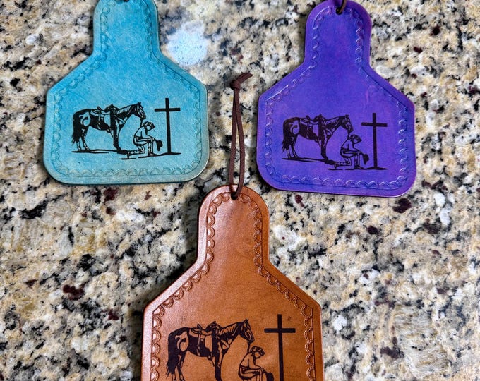 Handcrafted Laser Engraved Praying Cowgirl Ear Tag Ornament/Mirror Hanger with Hand Tooled Edges