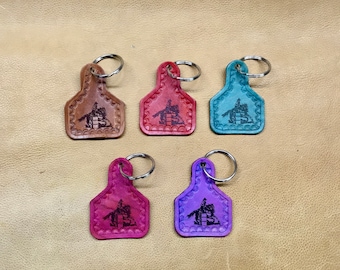 Handcrafted Laser Engraved Barrel Racer Leather Ear Tag Keychain with Hand Tooled Edges