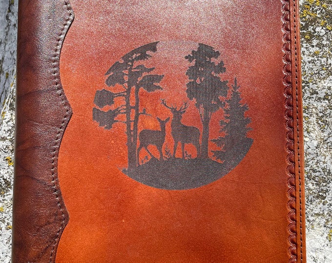 Handcrafted All Leather Bible Cover Laser Engraved with Deer Scene