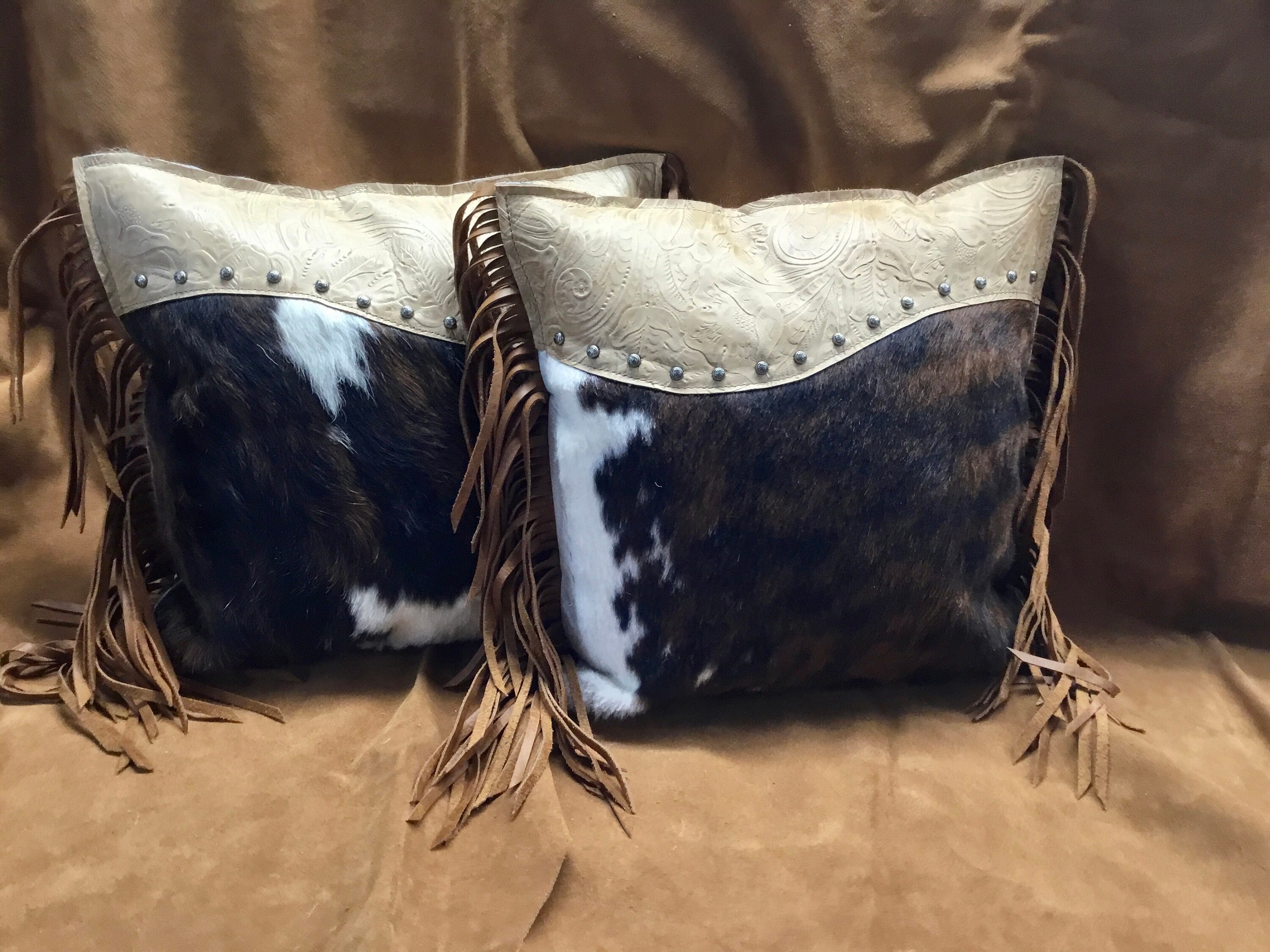 Handcrafted Fringed Tricolored Cow Hide and Floral Embossed Leather Pillow