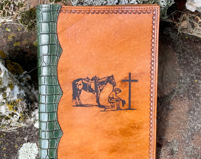 Handcrafted Laser Engraved Praying Cowgirl All Leather Bible Cover with Embossed Alligator Bind