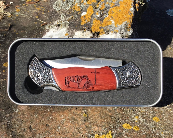 Laser Engraved Praying Cowboy Rosewood Pocket Knife