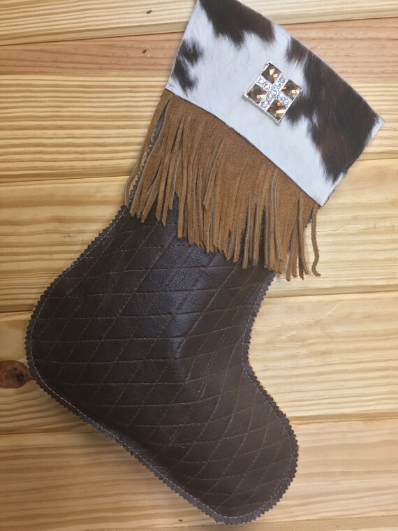 Handcrafted Leather And Cowhide Christmas Stocking With Fringe Etsy