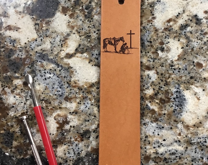 Praying Cowboy Laser Engraved Leather Bookmark