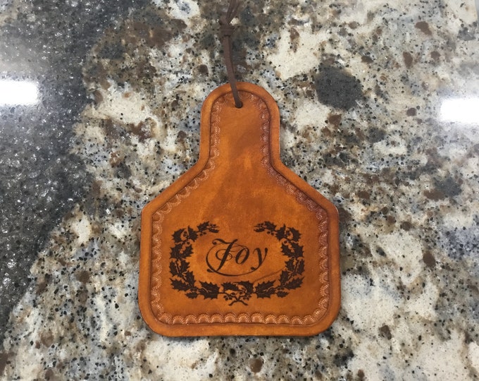 Handcrafted Laser Engraved Joy Leather Ear Tag Christmas Ornament/Mirror Hanger