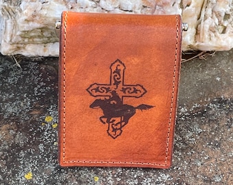 Handcrafted Laser Engraved Cross and Rider All Leather Money Clip Wallet