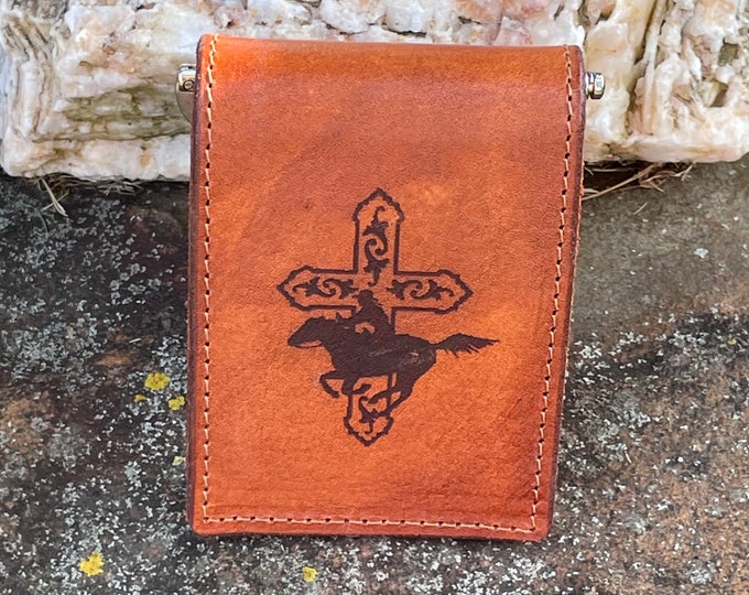 Handcrafted Laser Engraved Cross and Rider All Leather Money Clip Wallet