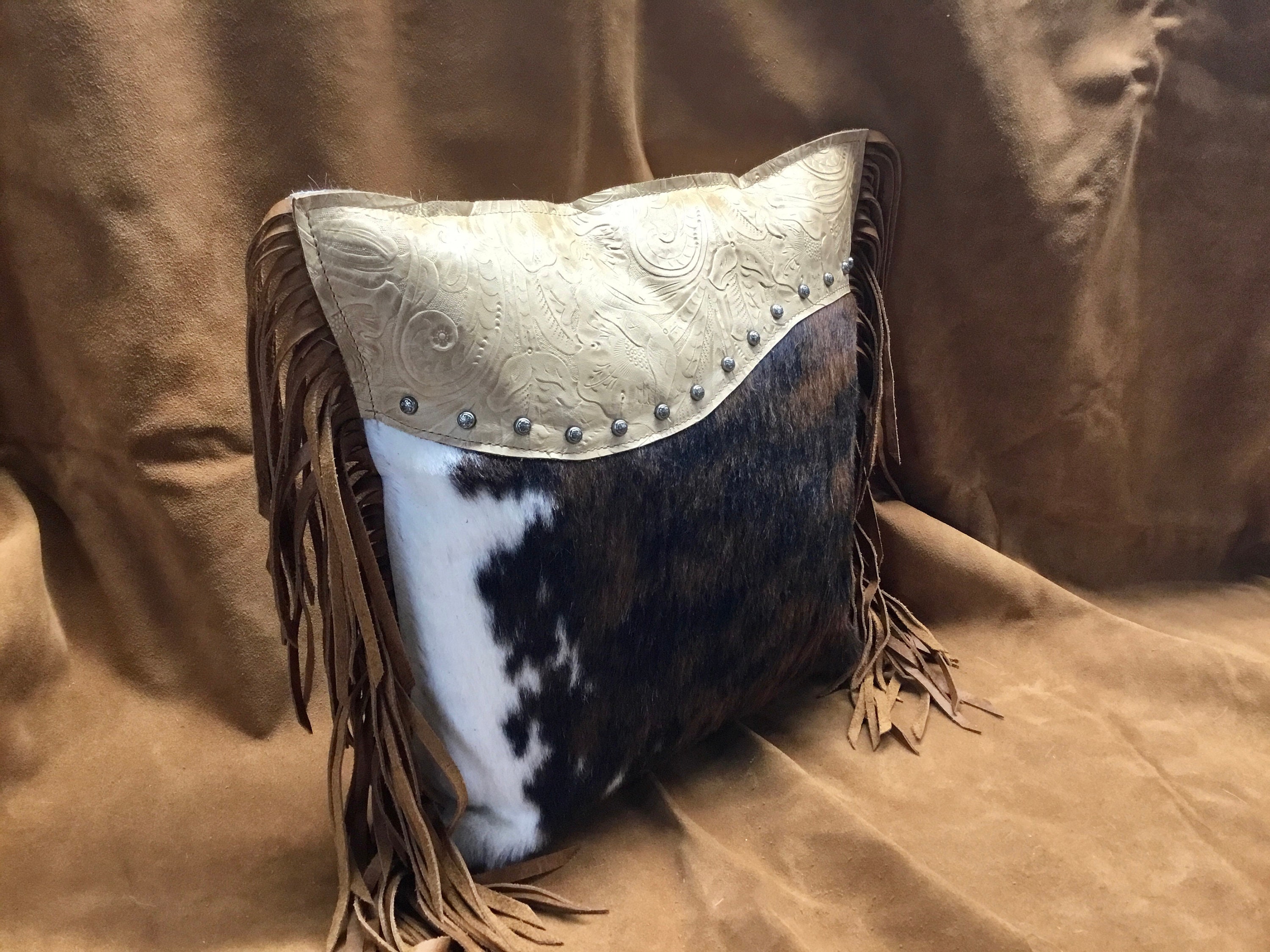 Handcrafted Fringed Tricolored Cow Hide and Floral Embossed Leather Pillow
