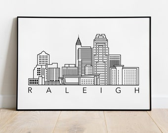 Raleigh North Carolina Poster - Raleigh NC Black & White Wall Art - Raleigh Skyline Poster - Vector Illustration - Modern Raleigh Art