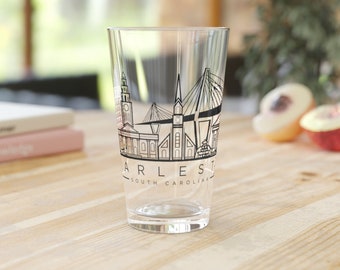 Charleston Beer Glass, 16oz - Charleston SC Beer Mug - Charleston Pint Glass - Downtown Charleston Skyline
