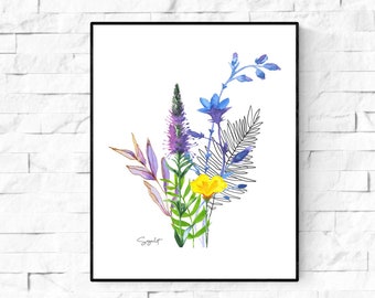 Botanical Wall Art ,Colorful Wildflowers Wall Art, Watercolor Wall Decor,  Download Printable Art,