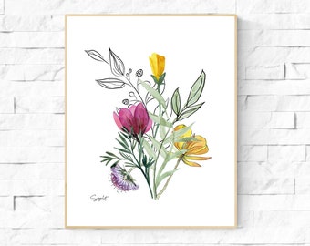 Colorful Flowers Wall Art, Watercolor Art Printable, Botanical Wall Art,  Colorful Bouquet Wall decor,  Download Printable Art,