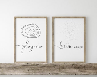 Set of 2 Prints, Printable Wall Art, Motivational poster, Play all Day Dream All Night, Modern Prints, Funny Art Print,
