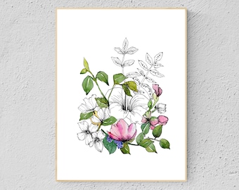 Floral wall art, Botanical Printable, Watercolor painting and drawing , Instant Download Printable Art,